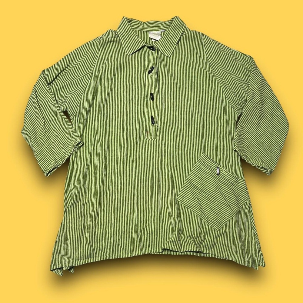 Vintage Green Striped Collared Blouse Size Medium 90s Eclectic Boho Hippie